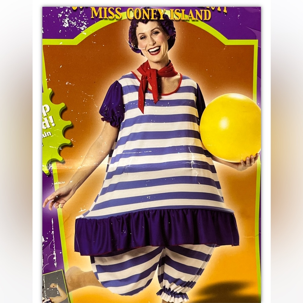 HAPPY CLOWN blue white suit Striped Circus Ruffle HOOP WAIST Hat Neck Tie CARNY